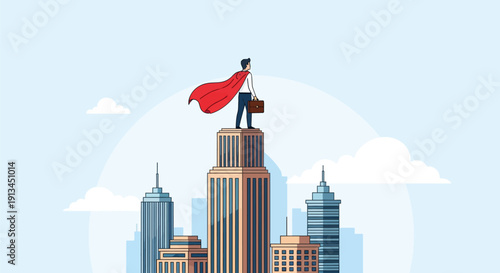 Business Superhero Standing on Skyscraper Peak. Professional wearing a red cape achieves success, leadership, and vision on top of the city.