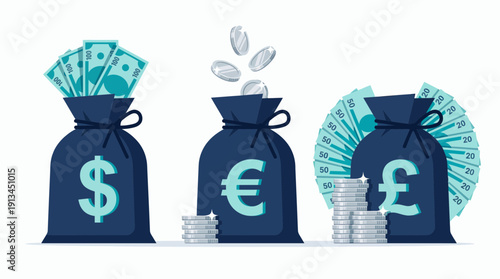 Three money bags featuring dollar euro and pound sterling symbols with banknotes and stacked silver coins, concept for financial management, global investment and wealth accumulation