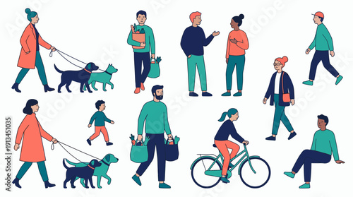 Flat vector illustration of entrepreneurs and creative designers walking dogs, carrying grocery bags and cycling, concept for urban lifestyle, community activities and daily routine