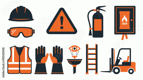 Industrial occupational safety and health icons set including helmet goggles and forklift on white background, concept for workplace training, construction sites and warehouse security