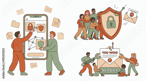 Cybersecurity analysts and office team protecting mobile data from phishing scams using shields and tools, concept for internet safety training, data protection and corporate network security