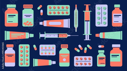Flat vector medical supply icons including medicine bottles pills syringes and tubes on dark background, concept for healthcare insurance, pharmacy marketing and clinical branding design