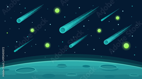 Vector cyan lunar planet surface with craters and glowing meteors falling from the deep space sky, concept for science fiction illustration, space exploration background and gaming website banner