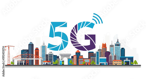 5G Network Technology in Modern Cityscape Vector Illustration. High-Speed Wireless Connectivity and Smart Urban Infrastructure Concept.