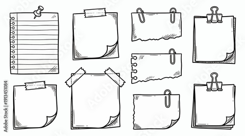 Hand drawn set of blank paper notes sticky notes and torn sheets with clips tape and pin on white background, concept for office reminders, creative journaling and memo planning