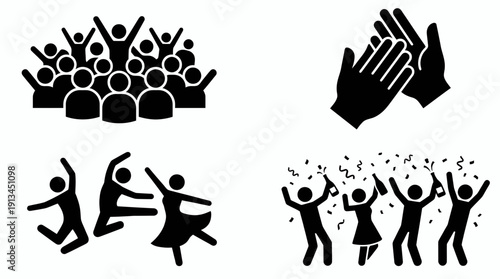 Set of minimalist black celebration icons showing cheering crowds and clapping hands of executive managers and office staff, concept for team achievement, corporate event and success milestone