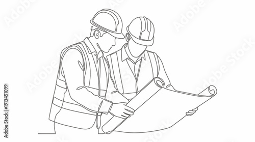 One line drawing of civil engineers in hard hats discussing construction blueprints, concept for architectural planning, site project management and industrial engineering development