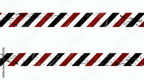 Horizontal grunge warning tape with diagonal black and red stripes on white background featuring distressed textures, concept for safety signage, industrial site warning and construction zone security