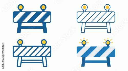 Set of four construction road barrier icons with warning lights in blue and yellow colors, concept for construction safety, road maintenance projects and traffic control management