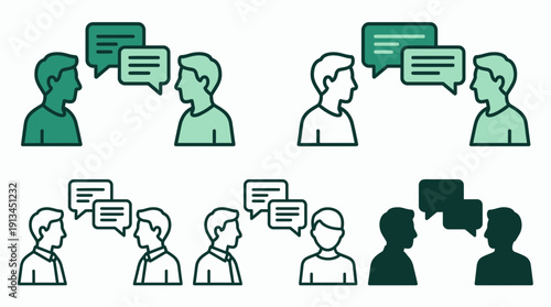 Professional HR manager and employee icons set with speech bubbles representing dialogue on white background, concept for corporate communication, business consulting and employee recruitment