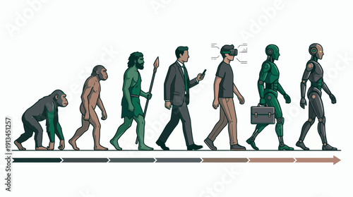 Human evolution timeline from primitive ape to professional executive, digital tech user and futuristic robotic humanoid, concept for artificial intelligence, automation and future progress