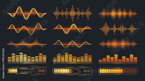 Collection of orange digital sound waves, audio equalizer bars and futuristic music visualizer UI elements on dark background, concept for podcasting, music production and digital interface design
