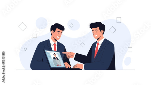 Businessmen collaborating on a project using a laptop with video call interface