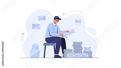 Man sorting mail with envelopes stacked high, administrative task illustration