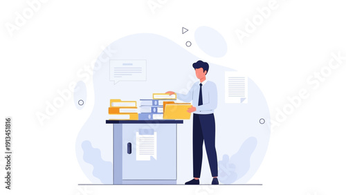 Office worker sorting documents and files on desk, administrative tasks, organization concept