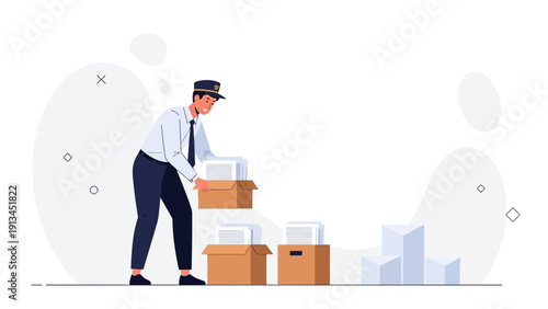 Delivery man packing boxes, postal worker organizing parcels for shipment, logistics concept