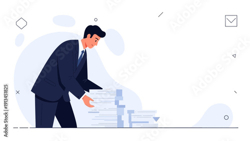 Businessman sorting through stacks of documents and paperwork efficiently