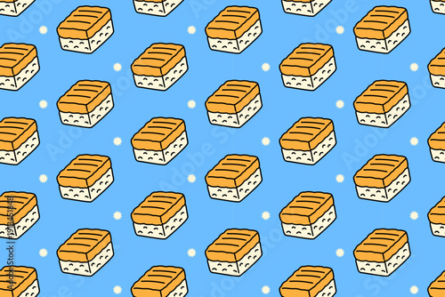 Kabayaki eel nigiri with light colorful doodle seamless pattern on blue background set for restaurant. Japanese eel sushi cartoon pattern background for culinary. Unagi nigiri sushi illustration motif