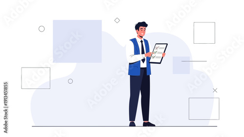 Businessman holding tablet, checking checklist, modern flat illustration