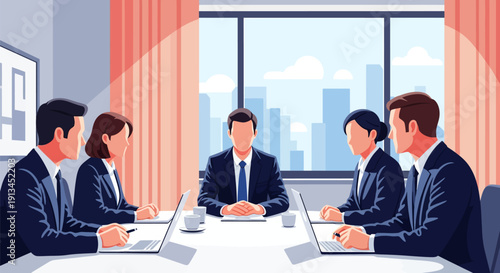 Corporate Business Team Meeting in Modern Conference Room. Professional executives discussing strategy, flat vector illustration.