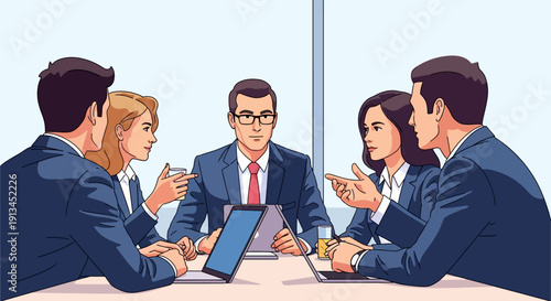 Vector illustration of business professionals in a corporate meeting, discussing strategy and collaborating on a project. Teamwork and leadership concept.