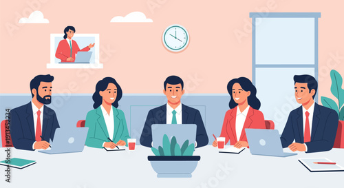 Business Professionals Team Meeting Illustration. Corporate Collaboration, Strategy Discussion, and Presentation in Modern Conference Room.