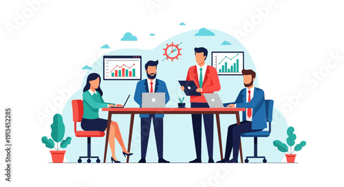 Professional Business Team Meeting and Data Analysis. Corporate Strategy Planning and Financial Review Flat Vector Illustration