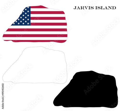 Jarvis Island Maps Bundle with United States Flag, Black Silhouette and Detailed Outline Contours
