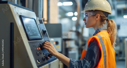 An engineer wearing a reflective vest and hard hat stands in a smart factory