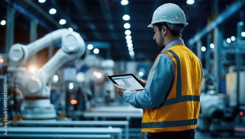 A man wearing a reflective vest and a hard hat stands inside a smart factory, holding an iPad