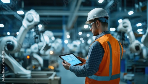 A man wearing a reflective vest and a hard hat stands inside a smart factory, holding an iPad
