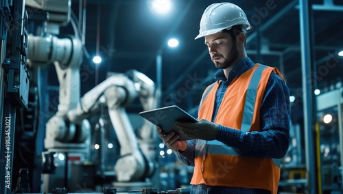 A man wearing a reflective vest and a hard hat stands inside a smart factory, holding an iPad