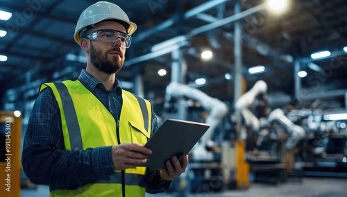 A man wearing a reflective vest and a hard hat stands inside a smart factory, holding an iPad