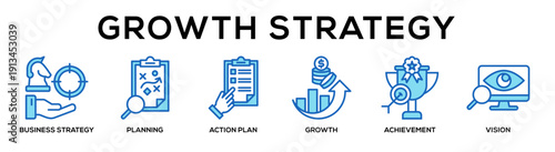 blue - Growth Strategy web banner icon vector illustration concept for business with icon of Business Strategy, Planning, Action Plan, Growth, Achievement,.