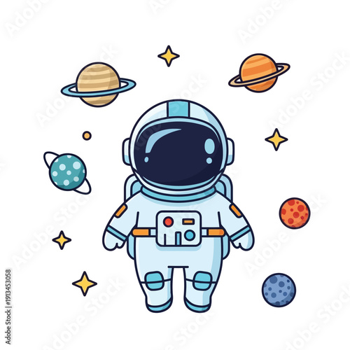 Astronaut floating in space surrounded by planets and stars illustration