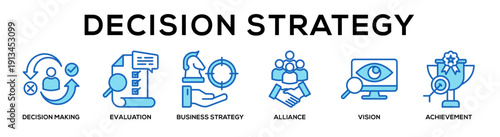 blue - Decision Strategy web banner icon vector illustration concept for business with icon of Decision Making, Evaluation, Business Strategy, Alliance, Vision,.