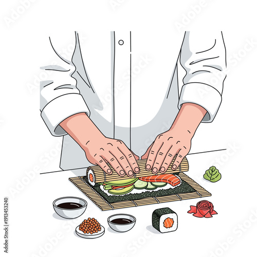Skilled hands of a chef meticulously rolling a fresh maki sushi, showcasing the art of Japanese cuisine preparation with traditional ingredients and tools on a clean surface