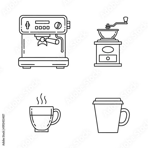 Coffee making essentials espresso machine, grinder, hot beverage cup, and travel mug icons