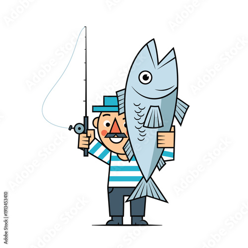 Cheerful cartoon fisherman proudly showcases his impressive catch, holding a large fish in one hand and a fishing rod in the other, symbolizing a successful day of angling and a passion for the sport