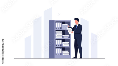 Businessman Organizing Files in Office Archive Cabinet - Business Organization Concept