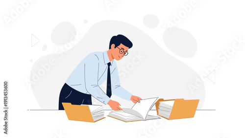 Office worker organizing documents in folders, business workflow illustration