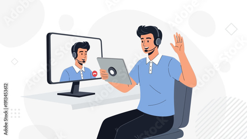 Man waving hello on video call, remote communication, online meeting concept