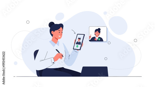 Woman Video Conferencing Online with Colleague on Tablet