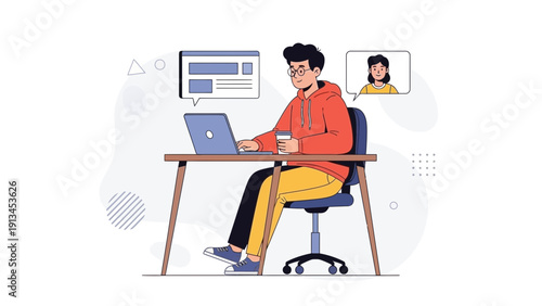 Young man working on laptop, online meeting with colleague, remote work concept