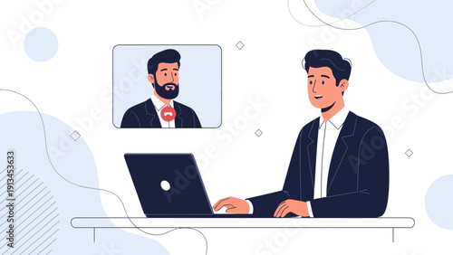 Businessmen video conference call on laptop, remote meeting, online communication