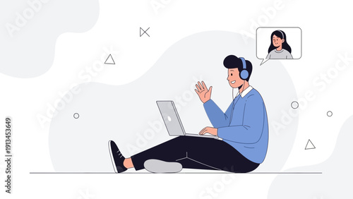 Man with headphones on laptop, video call with woman, remote communication