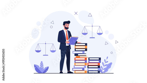 Lawyer With Books and Scales of Justice, Legal Concept Illustration