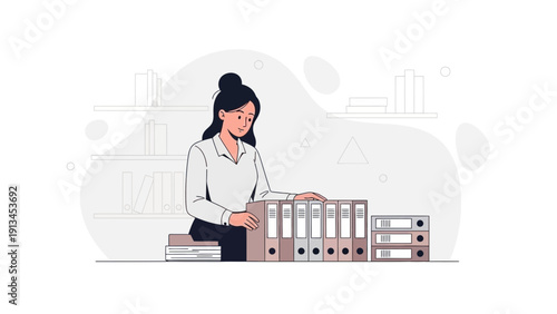 Woman Organizing Binders and Files in Office, Paperwork Management