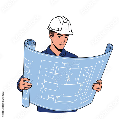 An architect or engineer wearing a hard hat examining a large blueprint with floor plans and technical drawings, signifying construction and design