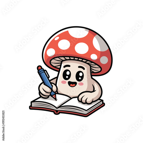 Cute cartoon mushroom character writing in notebook with pencil